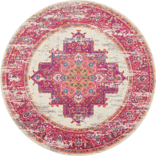 Palacedesigns 4 ft. Round Ivory & Fuchsia Distressed Area Rug PA3659411 - main